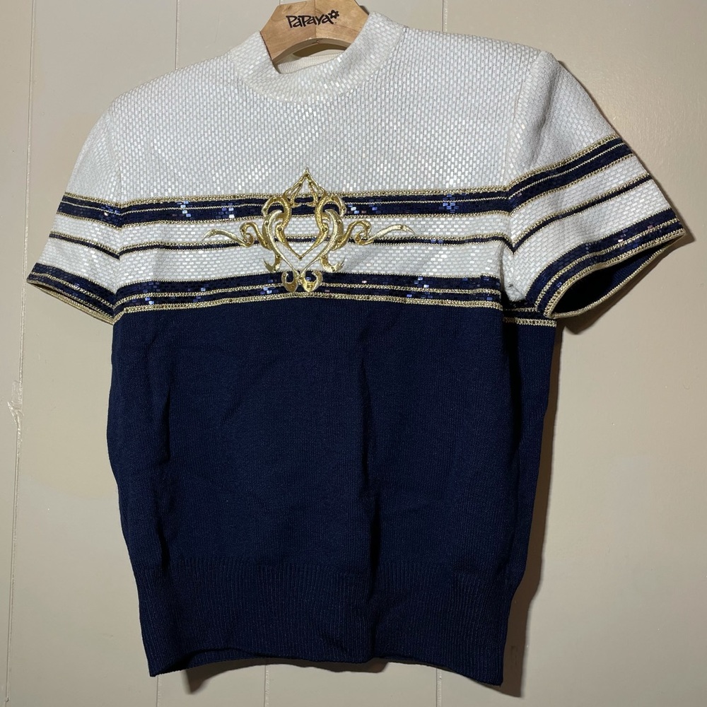 St. John evening Santana knit mirrored, embroidered short sleeve stripe sweater